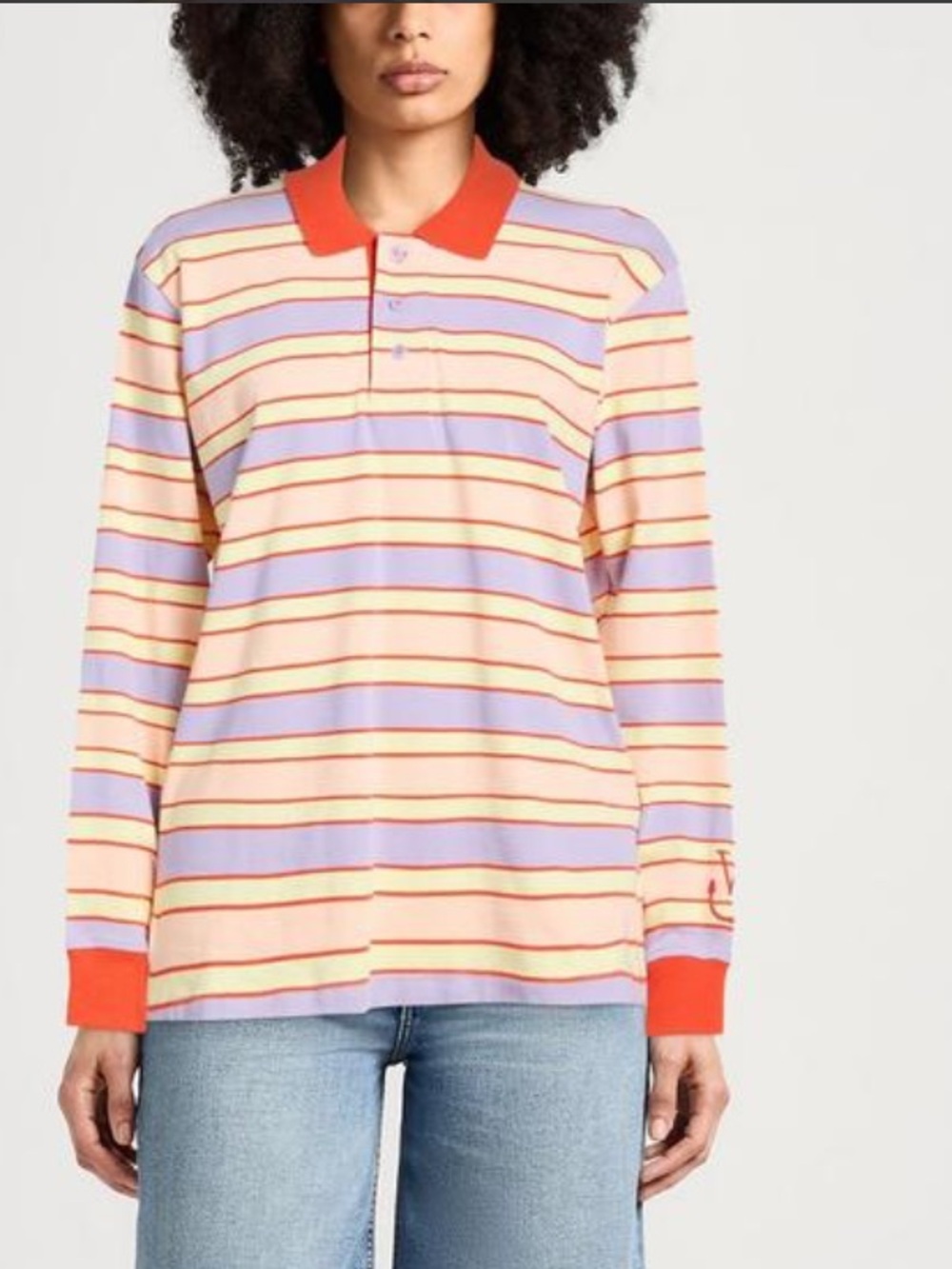 JW ANDERSON Orange Collar Striped Long-Sleeve Polo — Peach, Lavender, Red